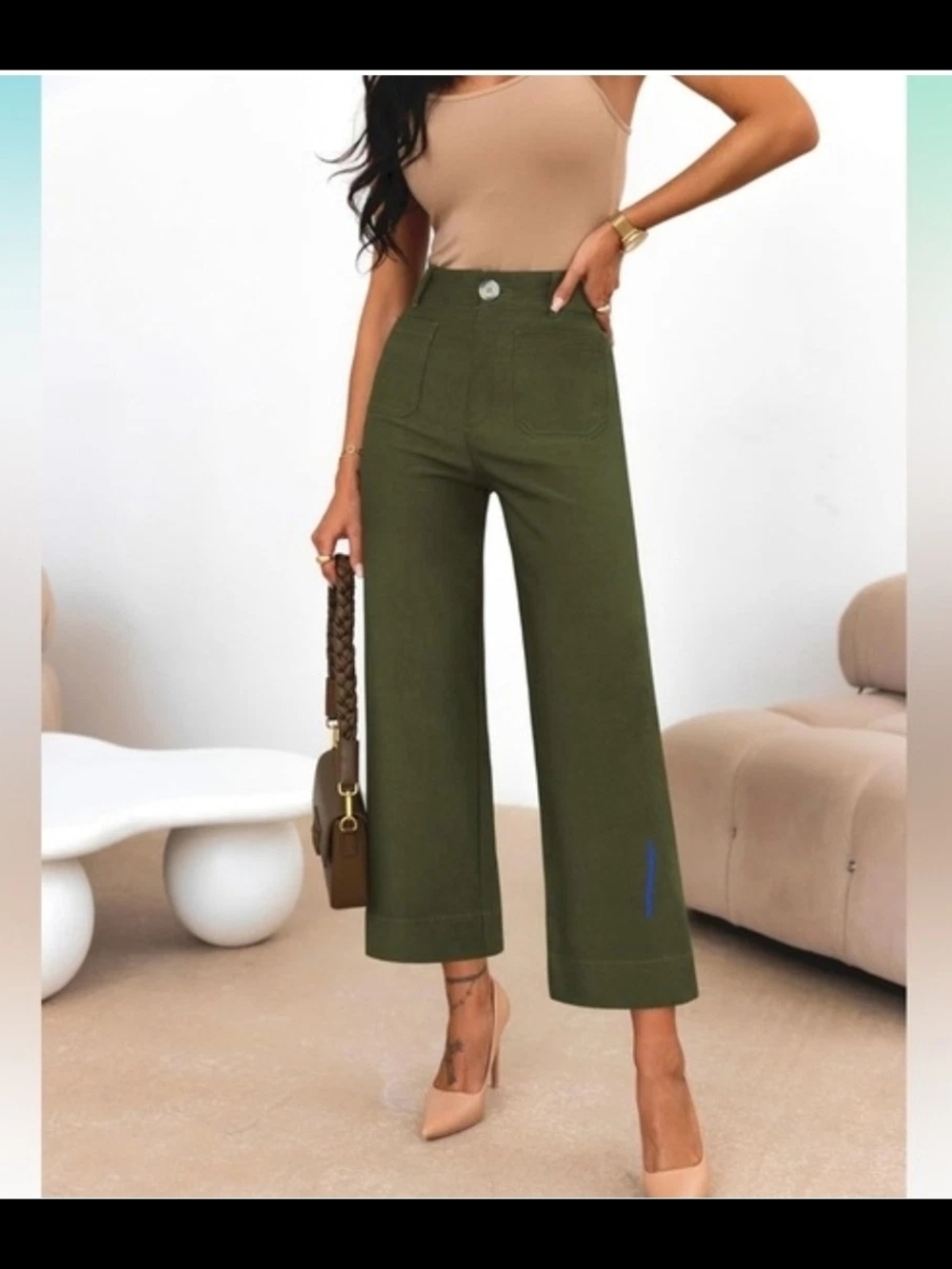 Miduo Women's Coquette Girl Olive Green Wide-Leg Trendy Cropped Pants Size 10